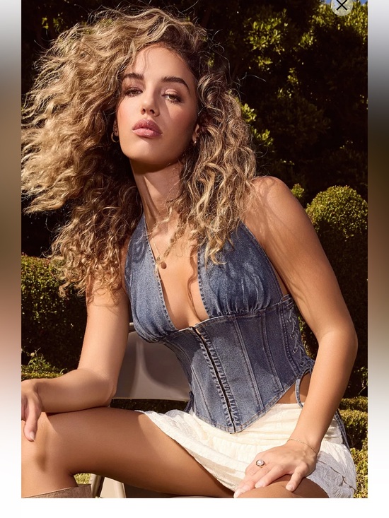 Windsor Tops - Windsor Denim Halter Corset Top Lace Up Sz S Y2K Hook Eye Jean Bustier Coquette